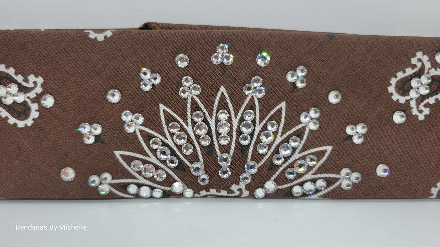 Narrow Brown Paisley Bandana with Diamond Clear Austrian Crystals (Sku2128)