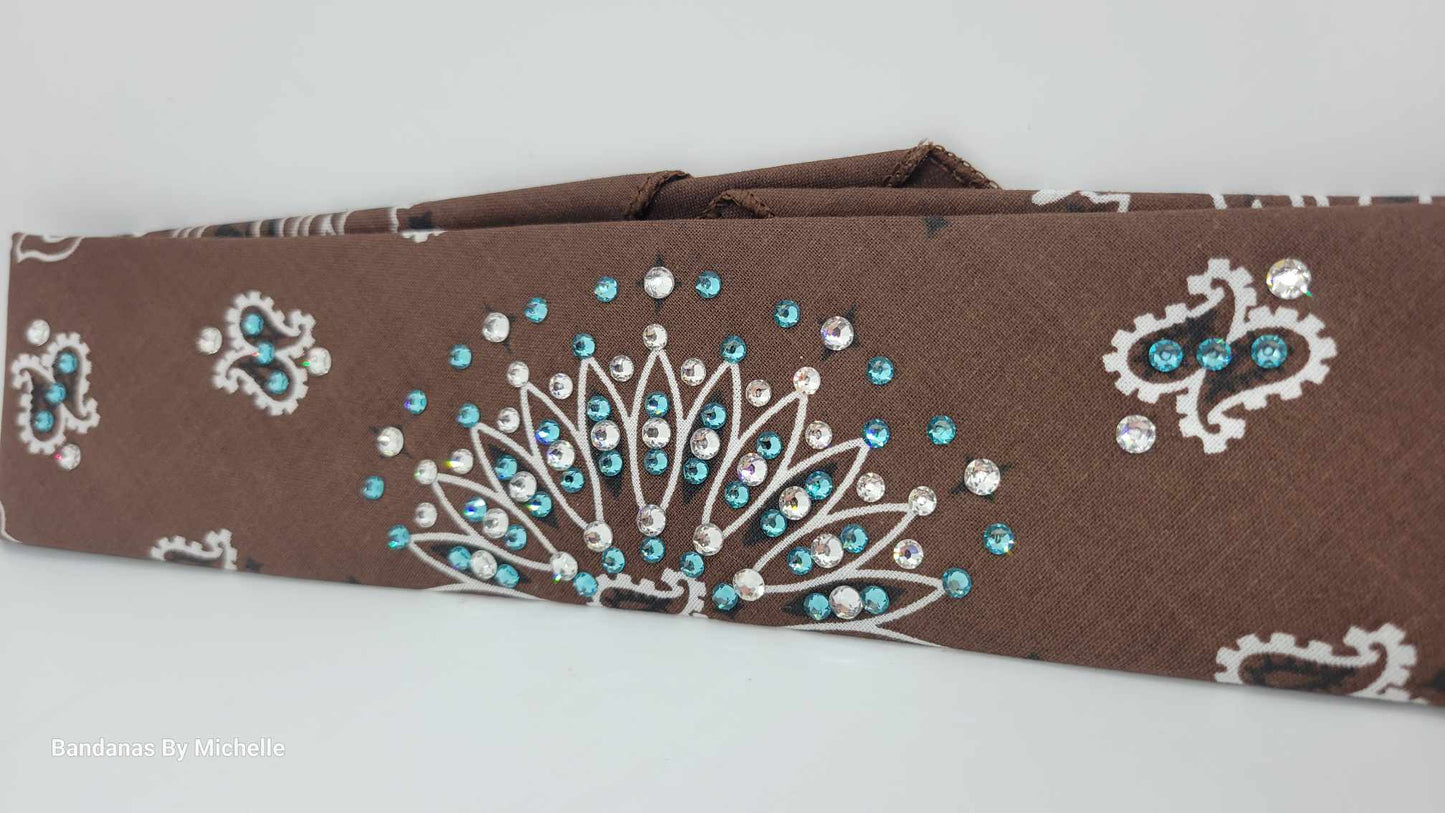 Narrow Brown Paisley Bandana with Turquoise and Diamond Clear Austrian Crystals (Sku2129)