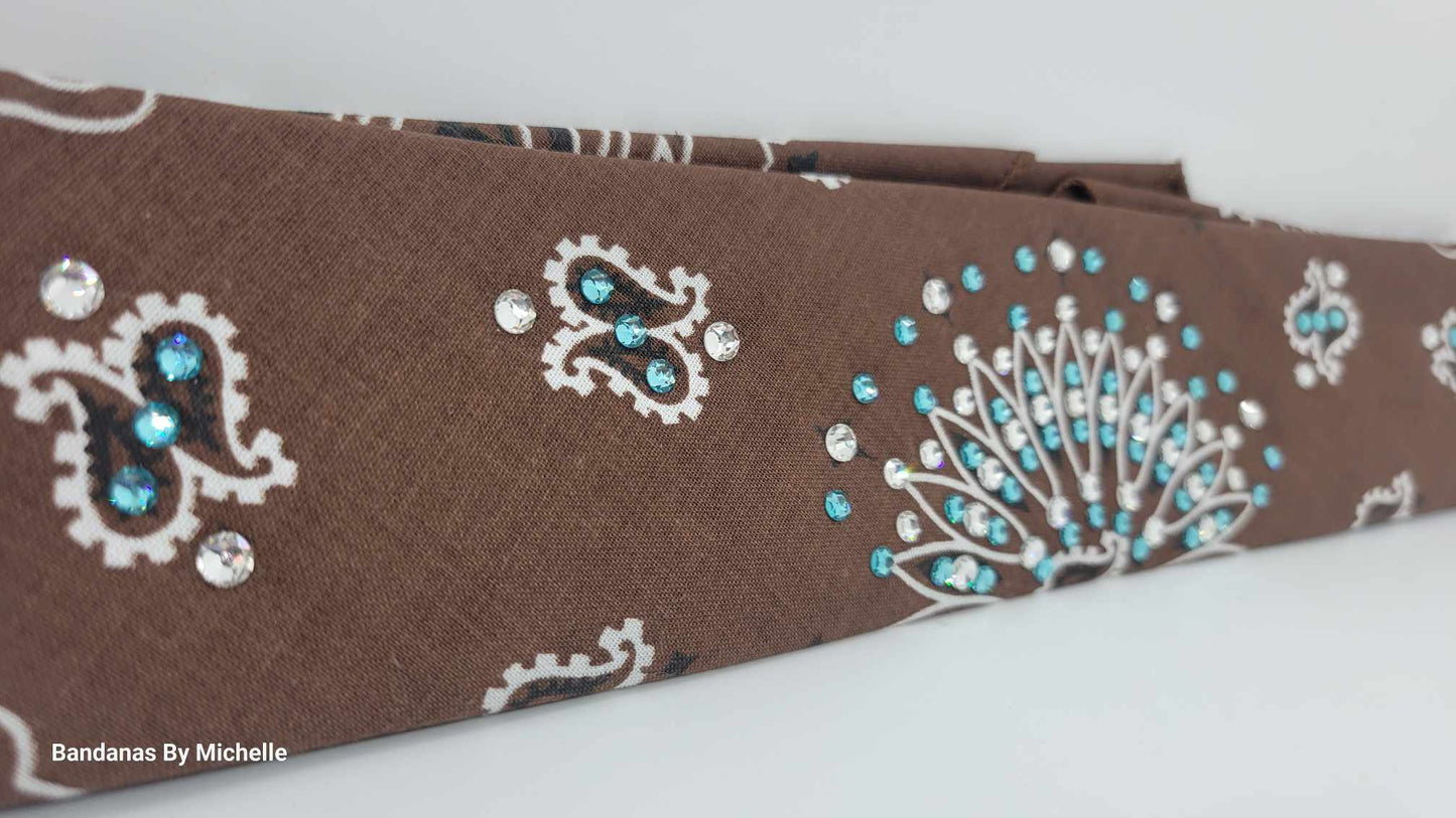Narrow Brown Paisley Bandana with Turquoise and Diamond Clear Austrian Crystals (Sku2129)
