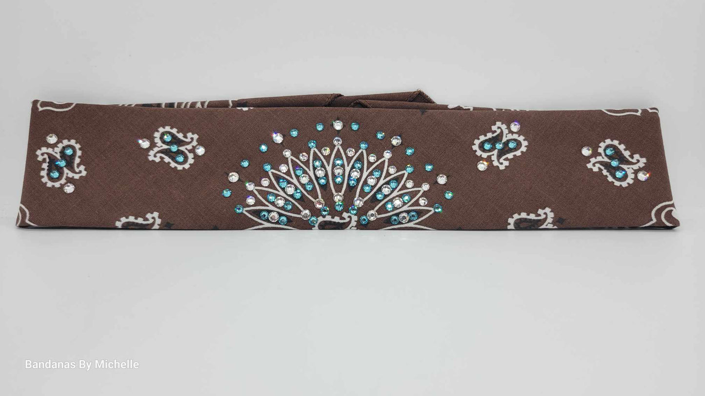 Narrow Brown Paisley Bandana with Turquoise and Diamond Clear Austrian Crystals (Sku2129)