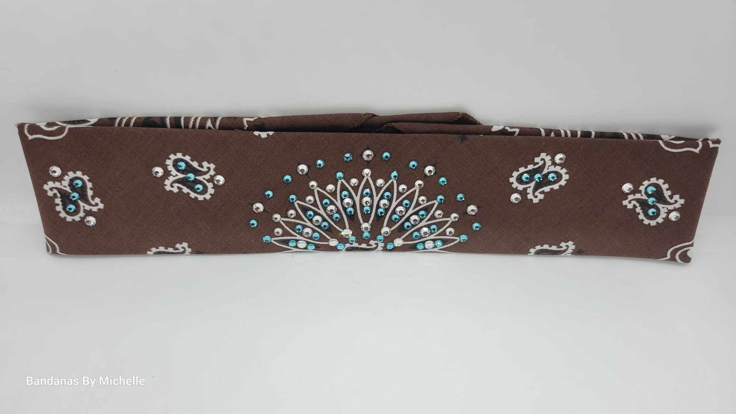 Narrow Brown Paisley Bandana with Turquoise and Diamond Clear Austrian Crystals (Sku2129)
