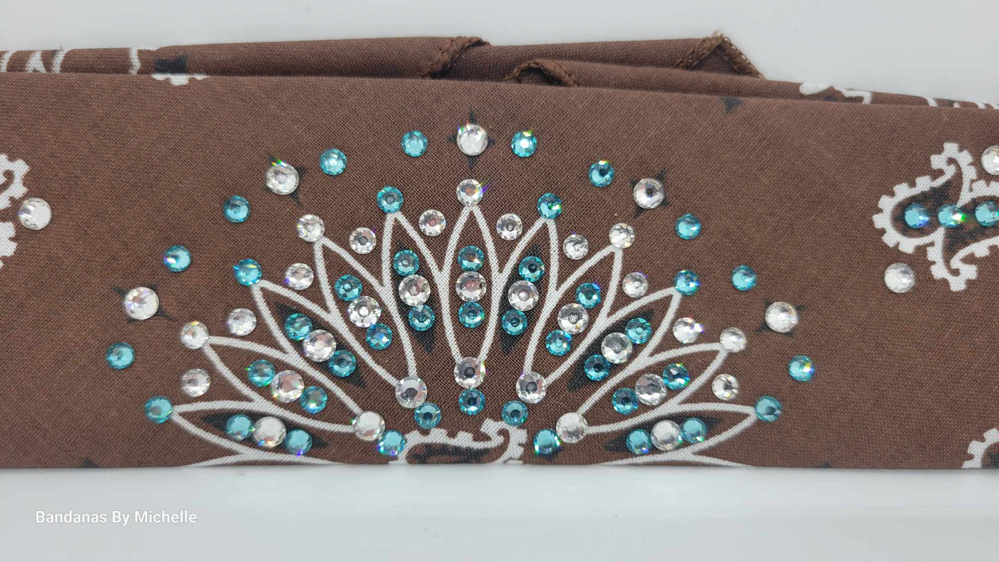 Narrow Brown Paisley Bandana with Turquoise and Diamond Clear Austrian Crystals (Sku2129)