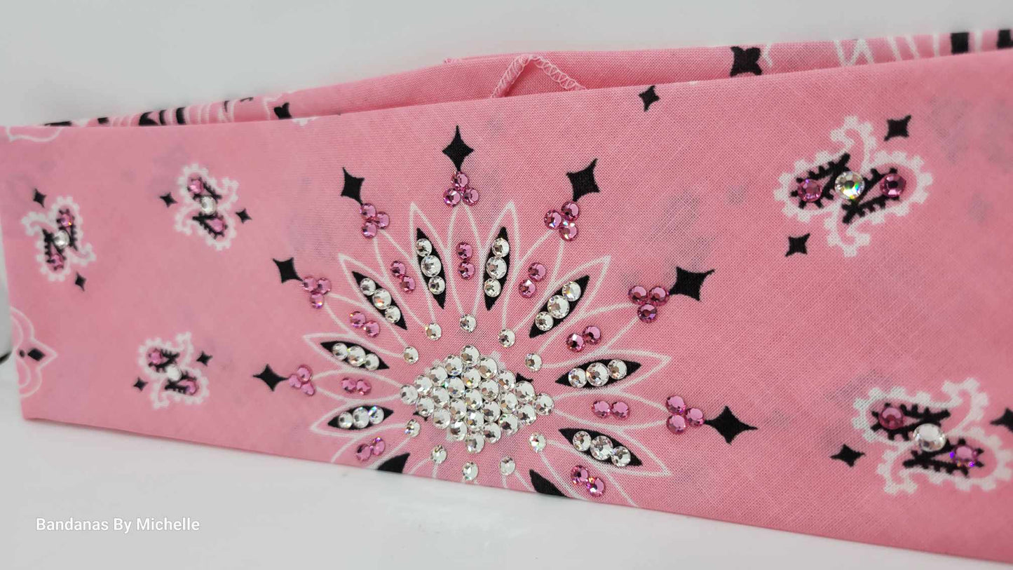 Light Pink Paisley Bandana with Pink and Diamond Clear Austrian Crystals (Sku2150)