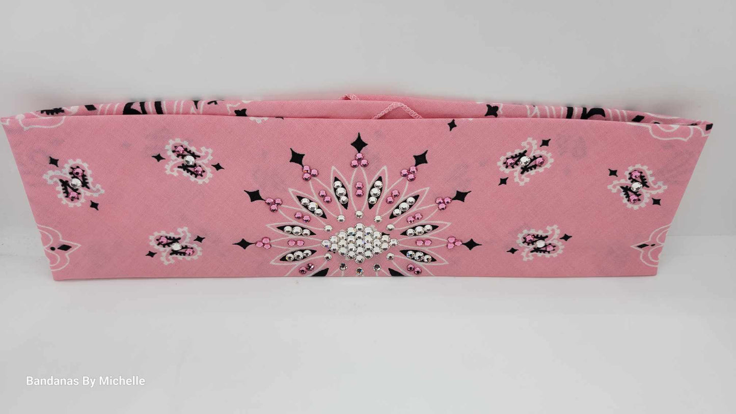 Light Pink Paisley Bandana with Pink and Diamond Clear Austrian Crystals (Sku2150)