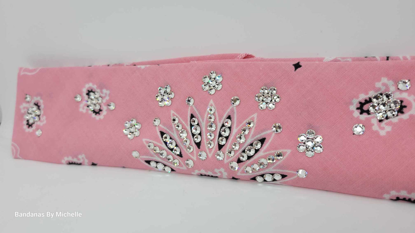 Narrow Light Pink Paisley Bandana with Diamond Clear Austrian Crystals (Sku2152)