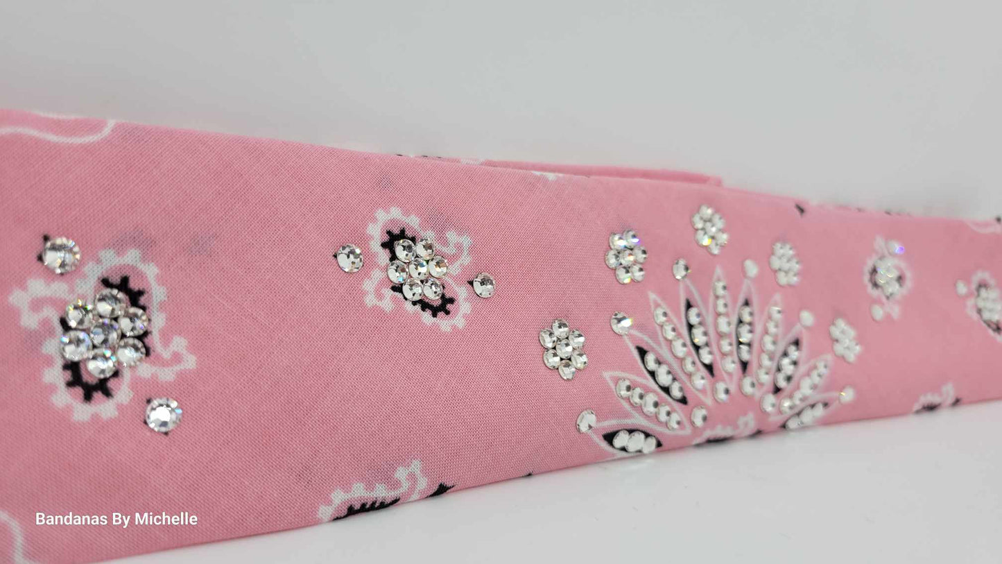 Narrow Light Pink Paisley Bandana with Diamond Clear Austrian Crystals (Sku2152)