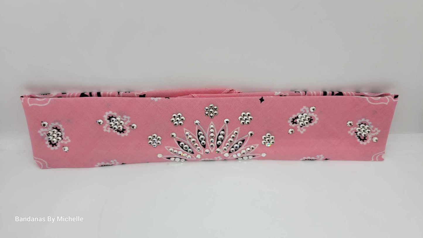 Narrow Light Pink Paisley Bandana with Diamond Clear Austrian Crystals (Sku2152)