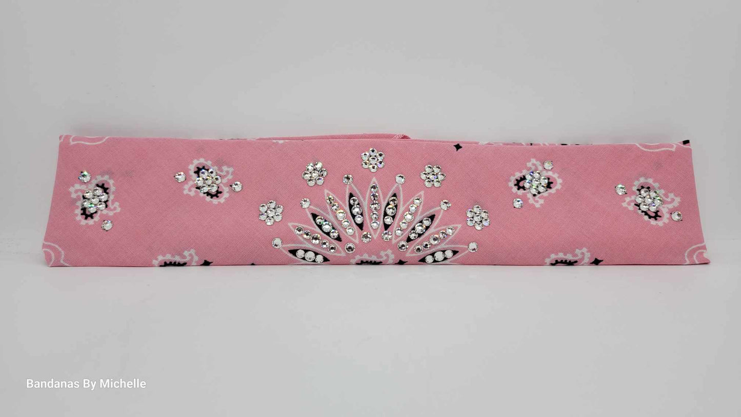 Narrow Light Pink Paisley Bandana with Diamond Clear Austrian Crystals (Sku2152)