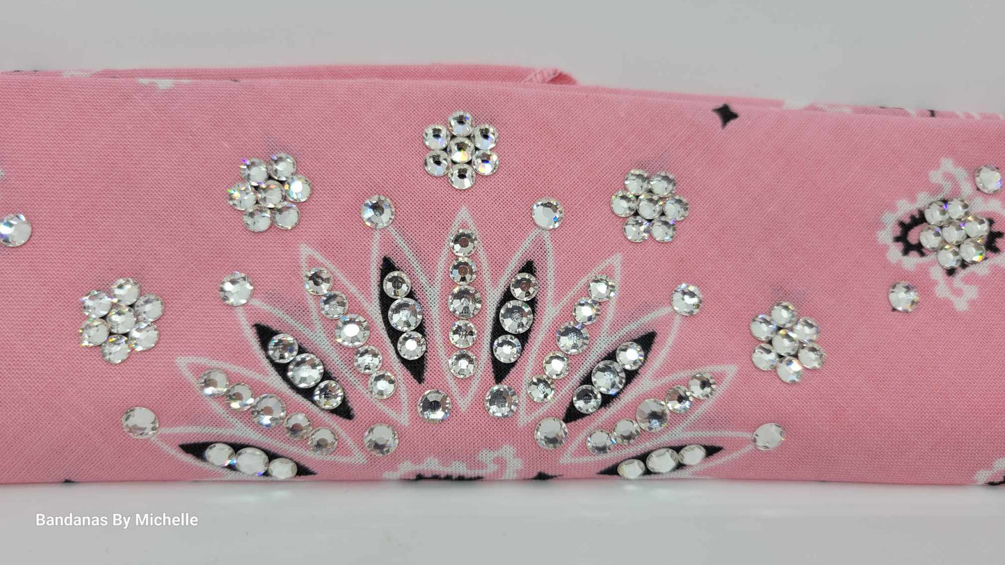 Narrow Light Pink Paisley Bandana with Diamond Clear Austrian Crystals (Sku2152)
