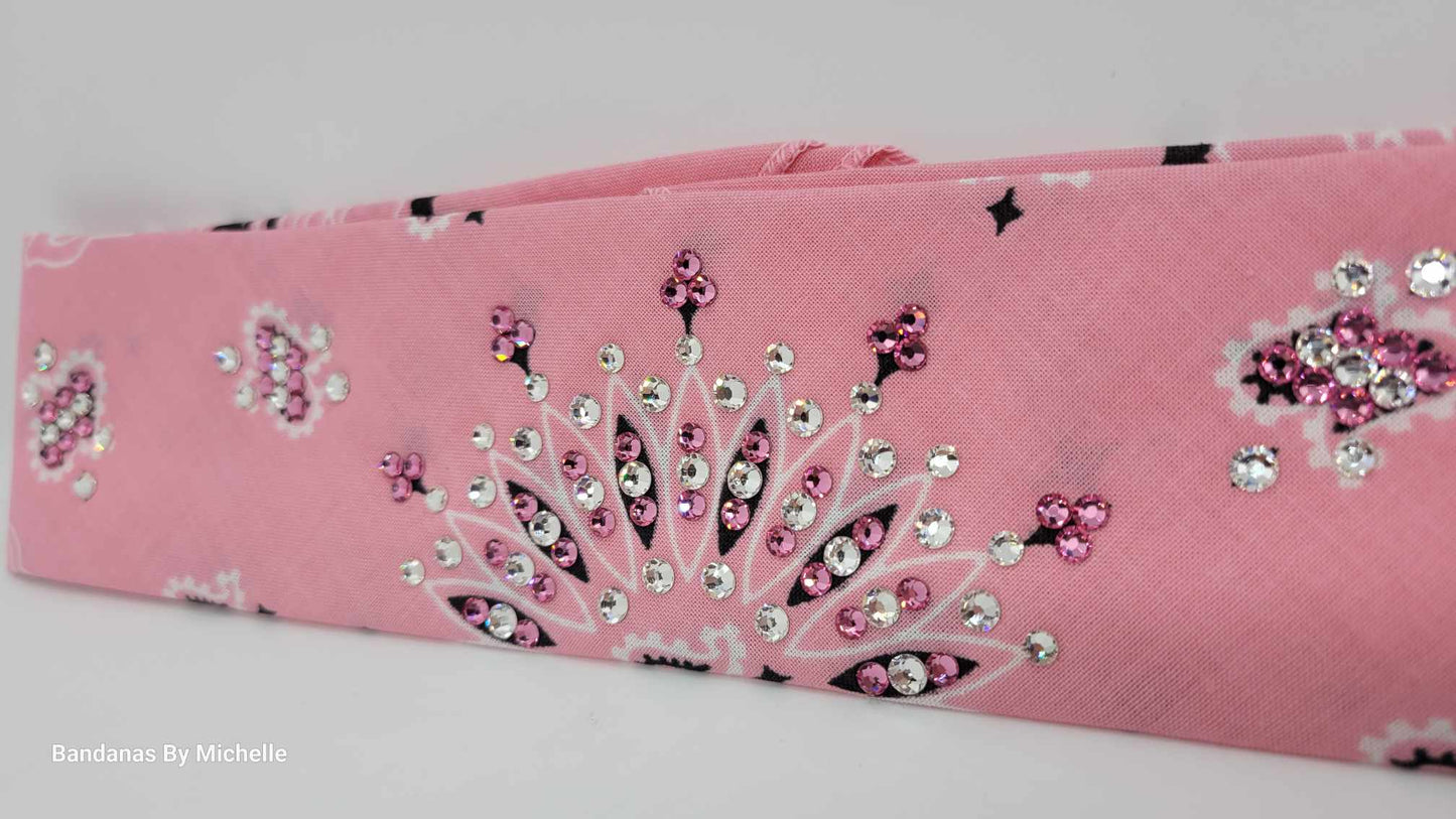 Narrow Light Pink Paisley Bandana with Pink Rose and Diamond Clear Austrian Crystals (Sku2153)