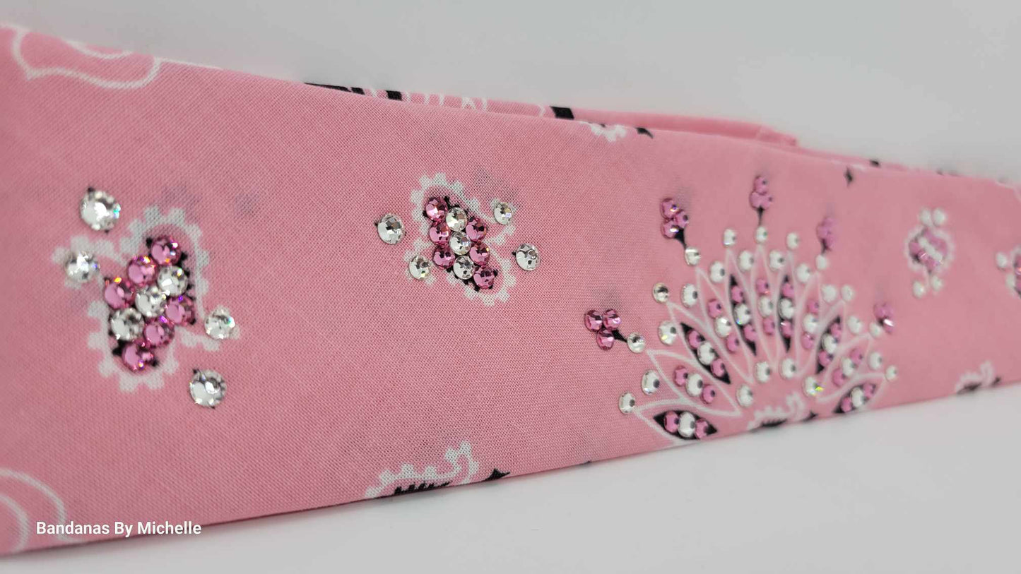 Narrow Light Pink Paisley Bandana with Pink Rose and Diamond Clear Austrian Crystals (Sku2153)