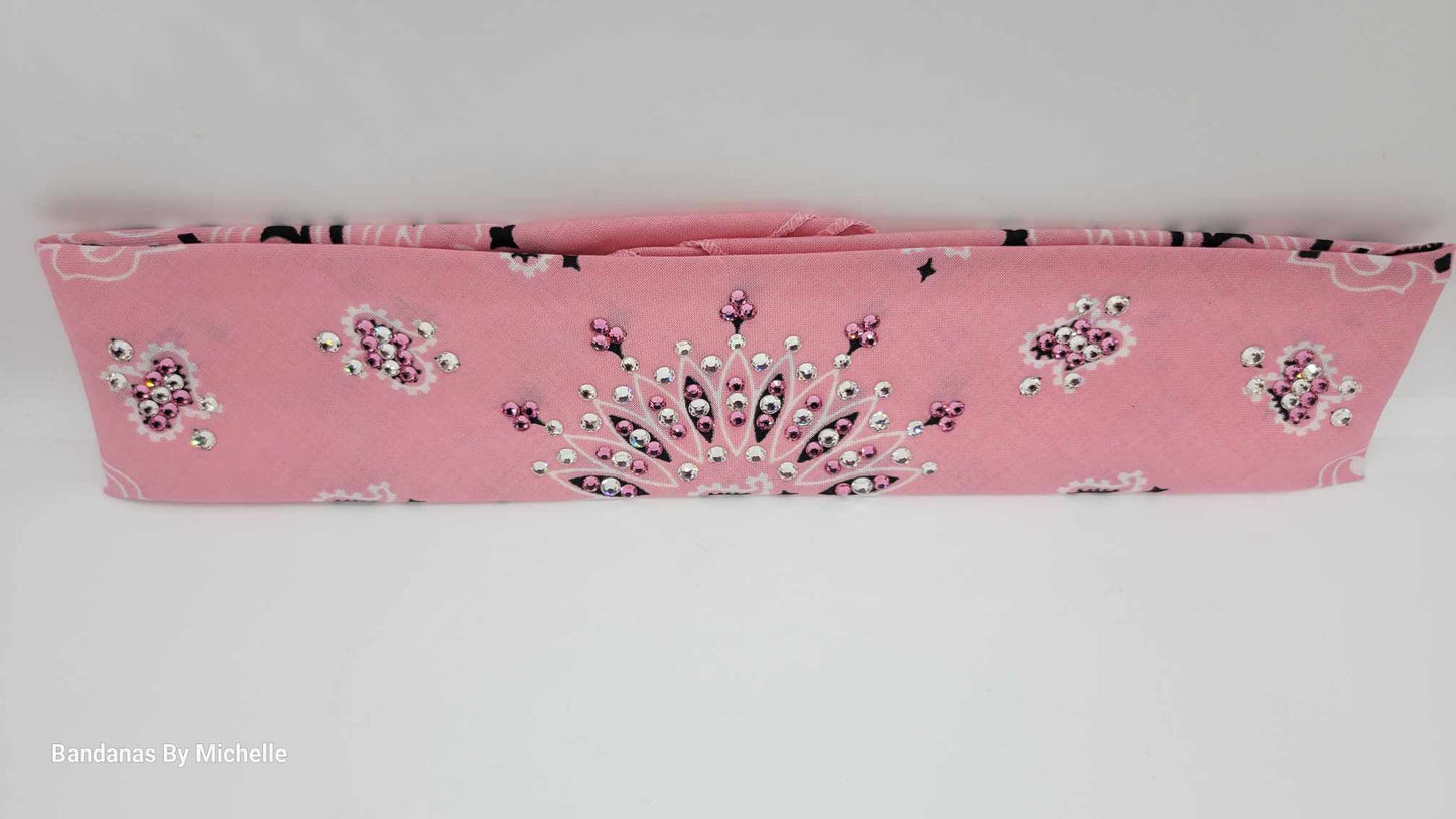 Narrow Light Pink Paisley Bandana with Pink Rose and Diamond Clear Austrian Crystals (Sku2153)
