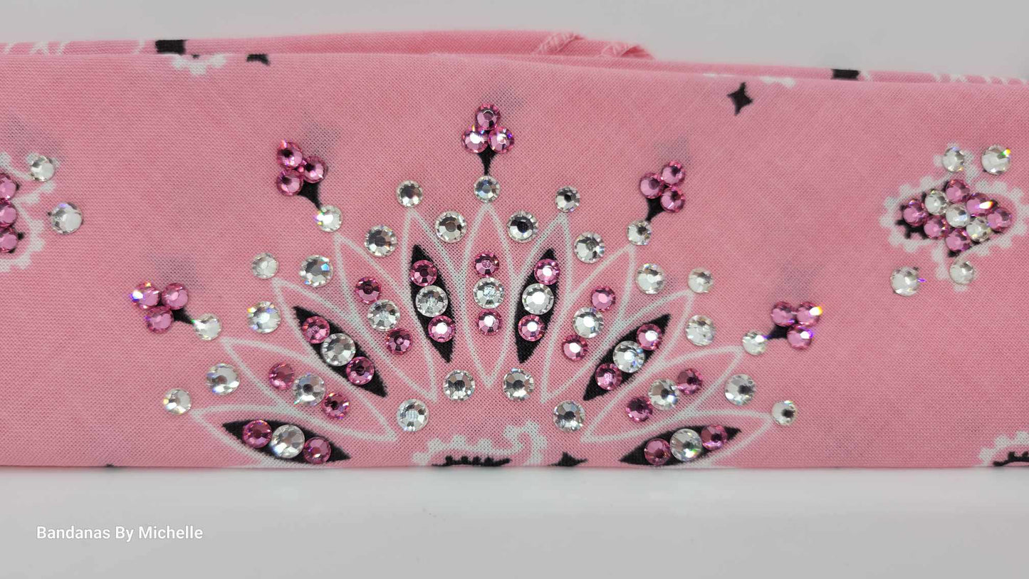 Narrow Light Pink Paisley Bandana with Pink Rose and Diamond Clear Austrian Crystals (Sku2153)