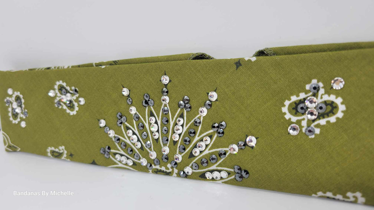 Narrow Olive Green Paisley With Jet Black Hematite and Diamond Clear Austrian Crystals (Sku2175)