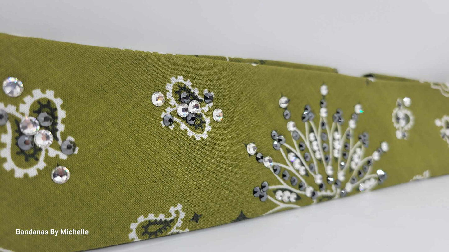 Narrow Olive Green Paisley With Jet Black Hematite and Diamond Clear Austrian Crystals (Sku2175)