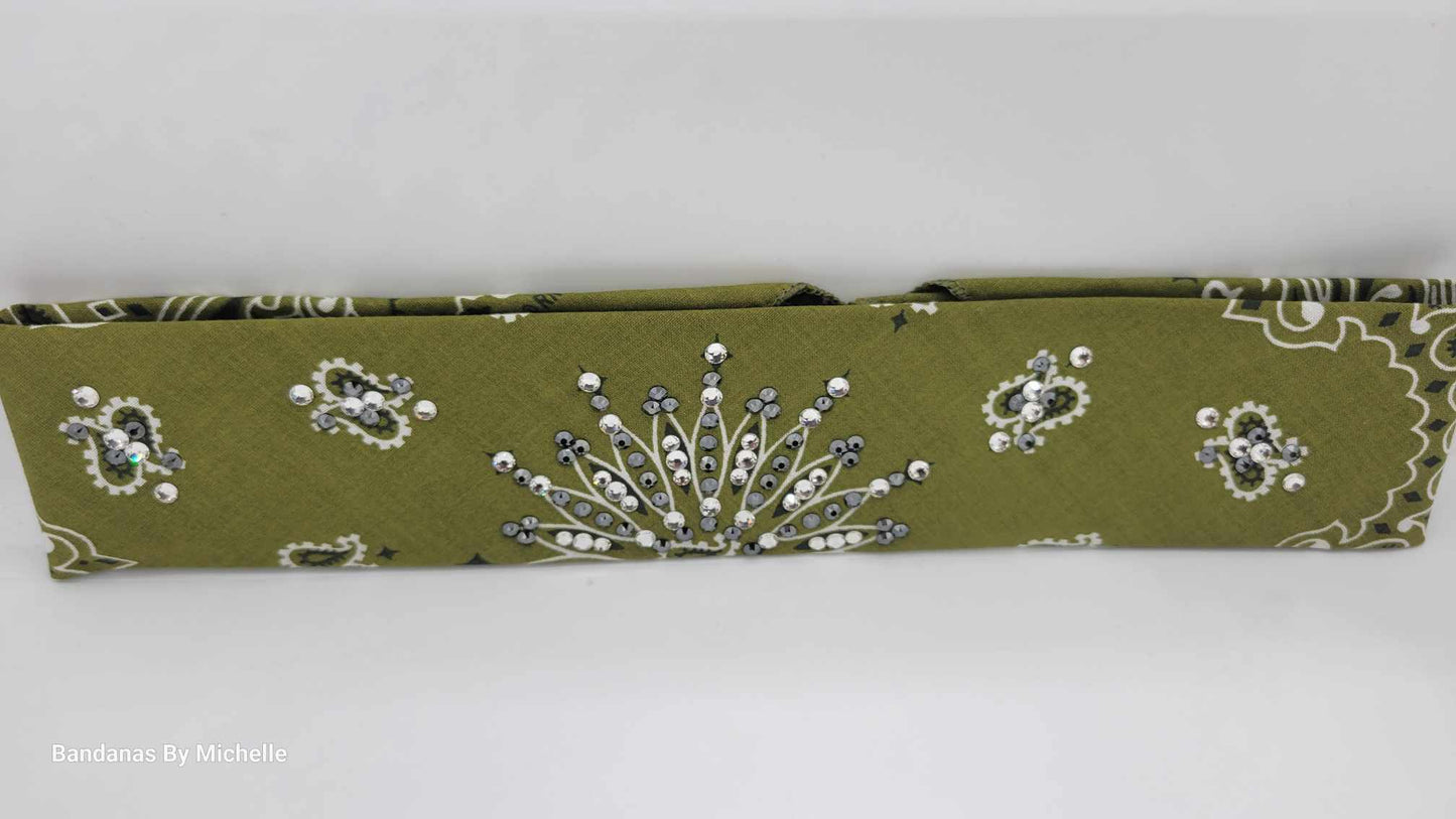 Narrow Olive Green Paisley With Jet Black Hematite and Diamond Clear Austrian Crystals (Sku2175)