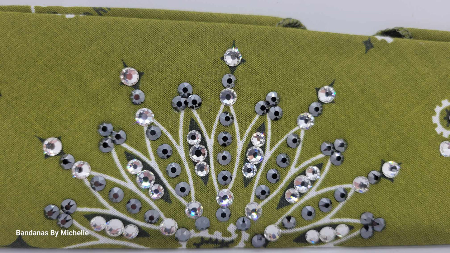 Narrow Olive Green Paisley With Jet Black Hematite and Diamond Clear Austrian Crystals (Sku2175)