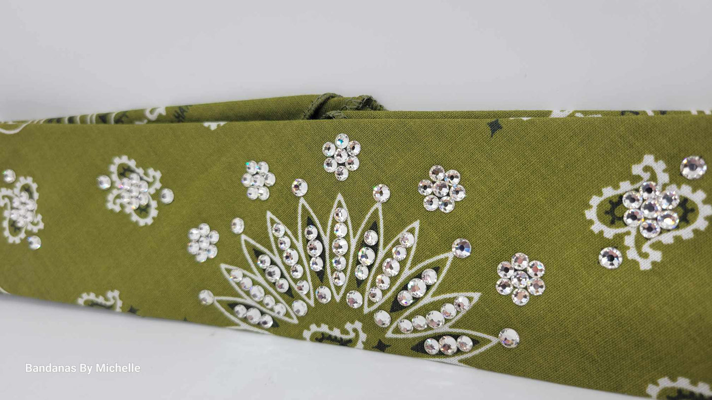Narrow Olive Green Paisley Bandana with Diamond Clear Austrian Crystals (Sku2176)