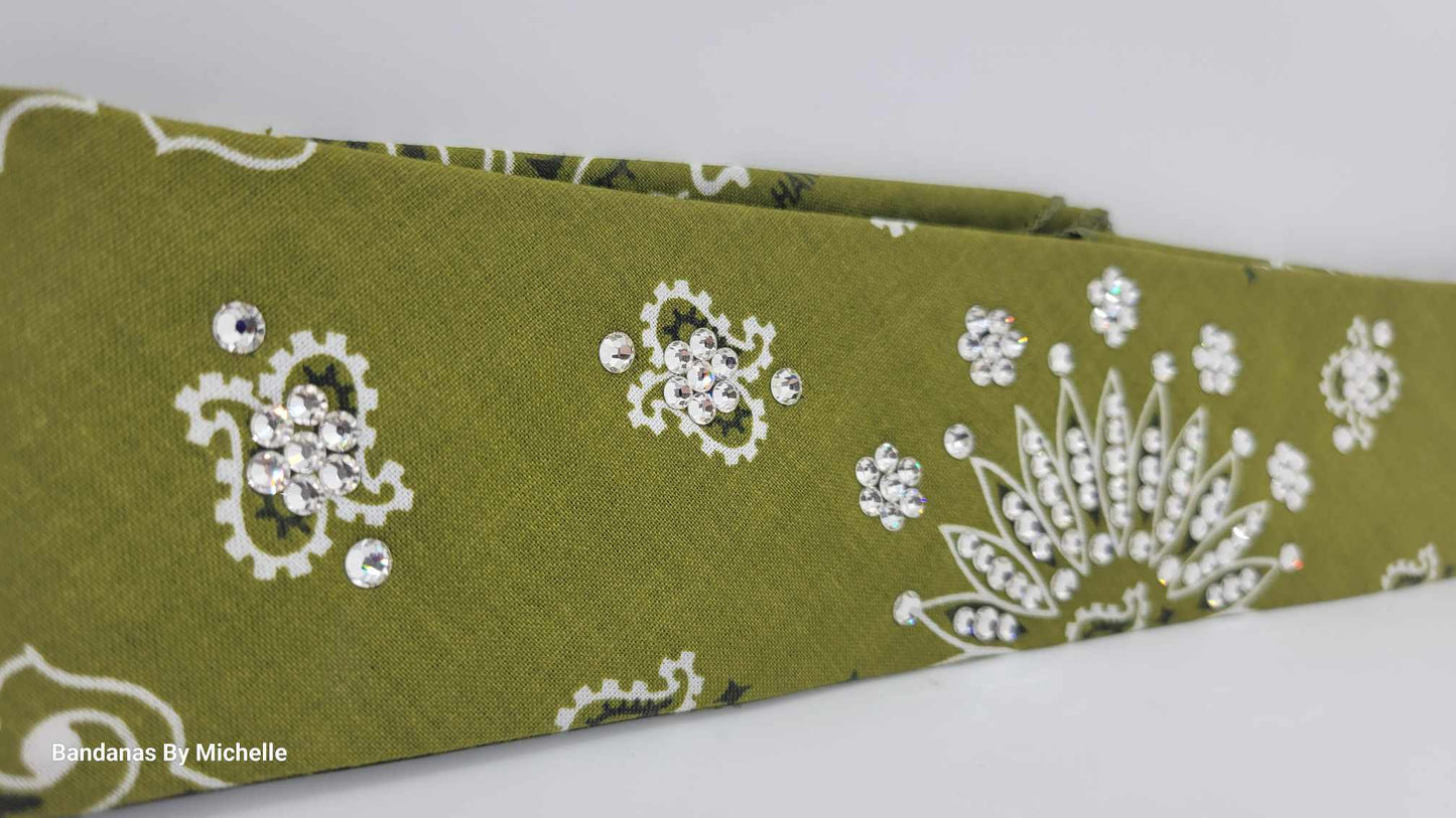 Narrow Olive Green Paisley Bandana with Diamond Clear Austrian Crystals (Sku2176)