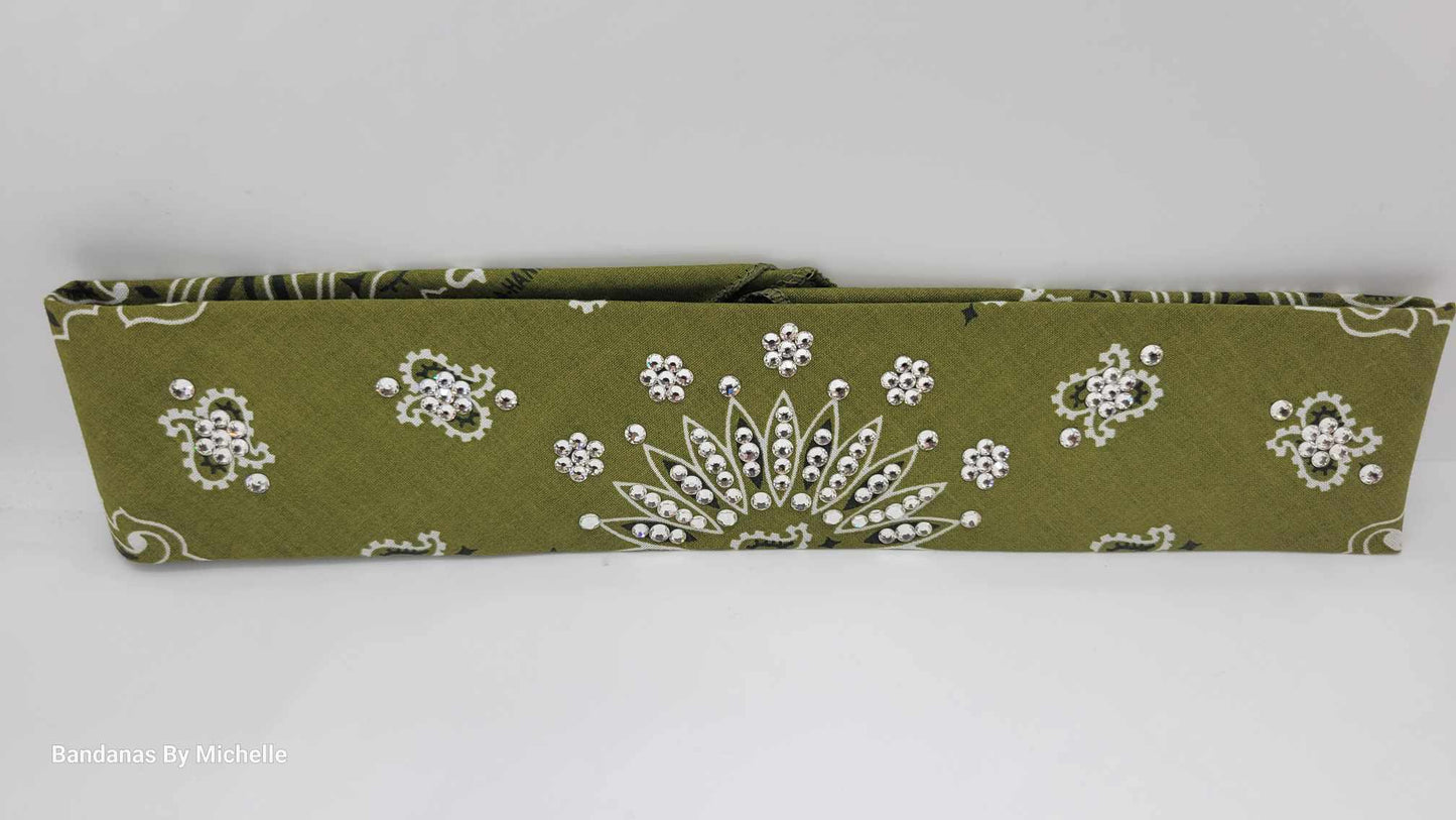 Narrow Olive Green Paisley Bandana with Diamond Clear Austrian Crystals (Sku2176)