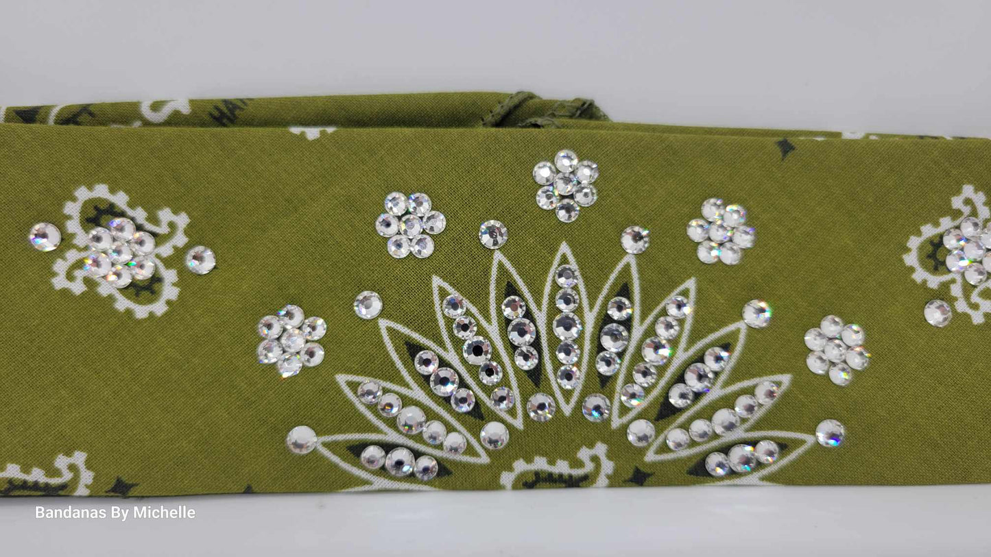 Narrow Olive Green Paisley Bandana with Diamond Clear Austrian Crystals (Sku2176)
