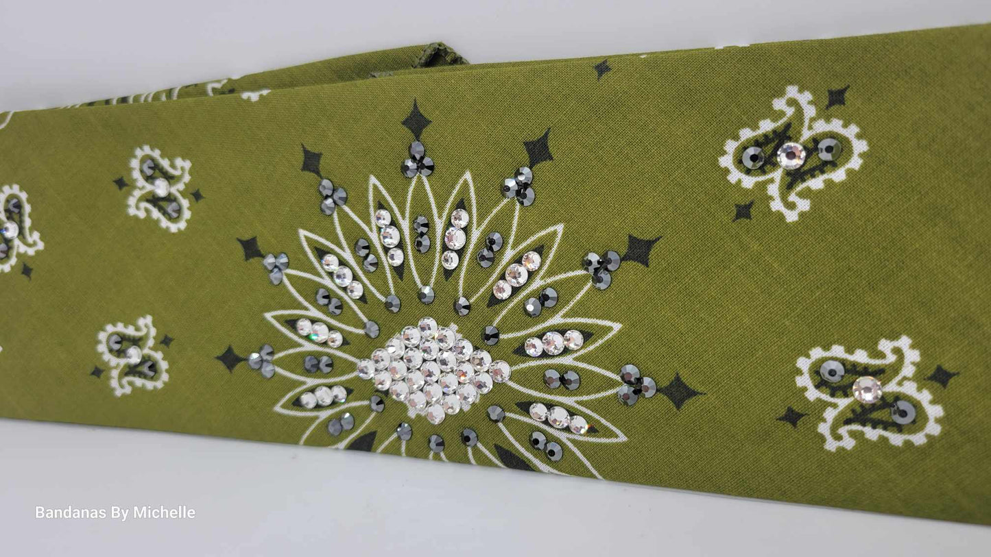 Olive Green Paisley Bandana with Jet Hematite and Diamond Clear Austrian Crystals (Sku2178)