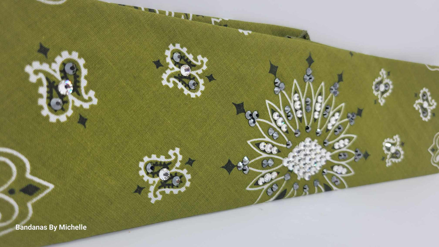 Olive Green Paisley Bandana with Jet Hematite and Diamond Clear Austrian Crystals (Sku2178)