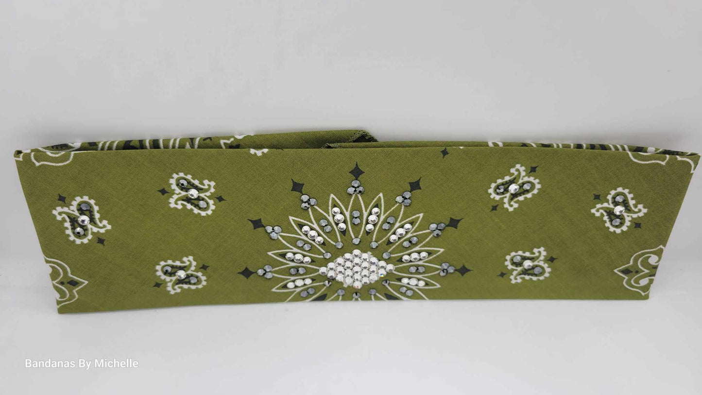 Olive Green Paisley Bandana with Jet Hematite and Diamond Clear Austrian Crystals (Sku2178)