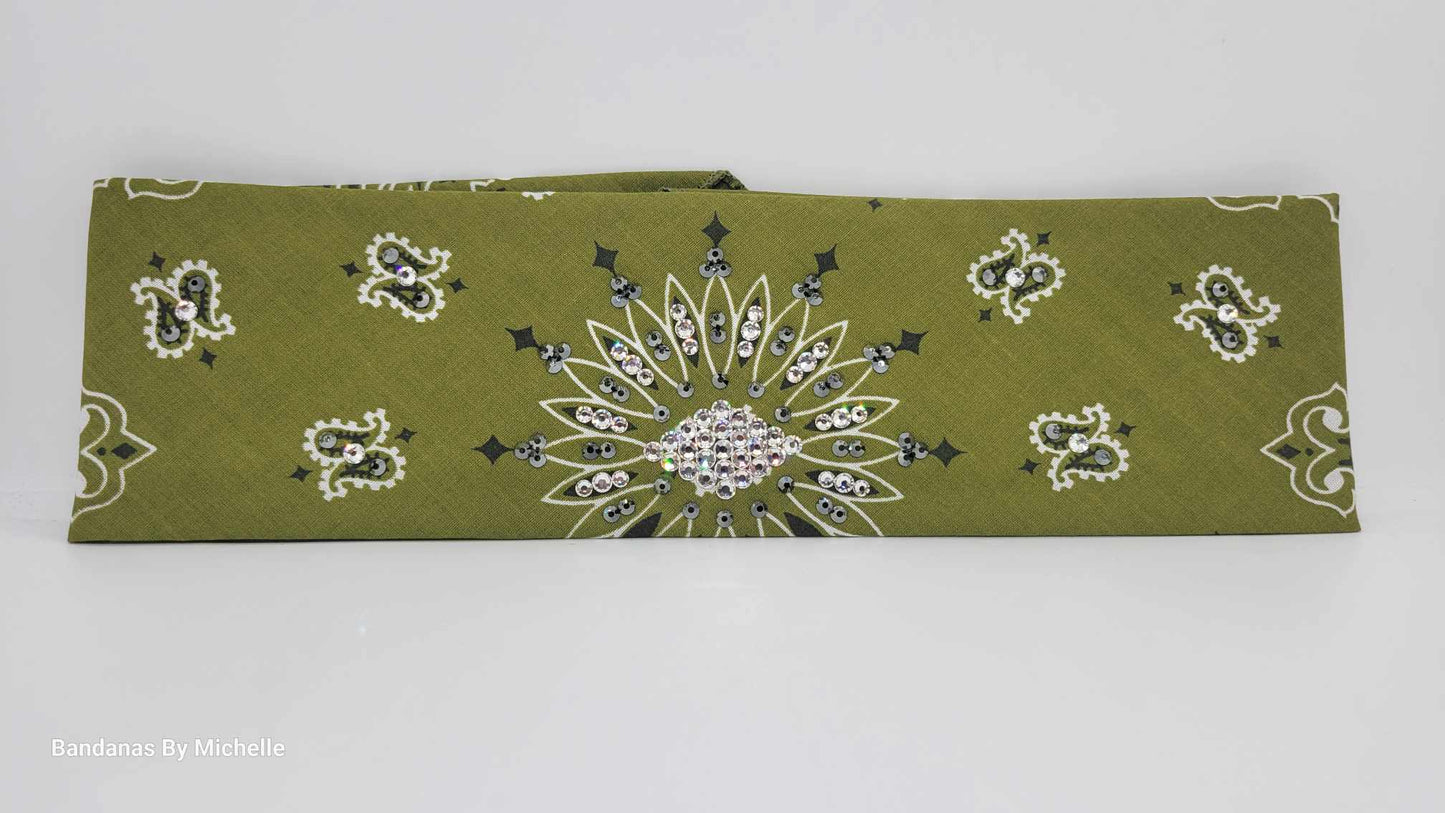 Olive Green Paisley Bandana with Jet Hematite and Diamond Clear Austrian Crystals (Sku2178)