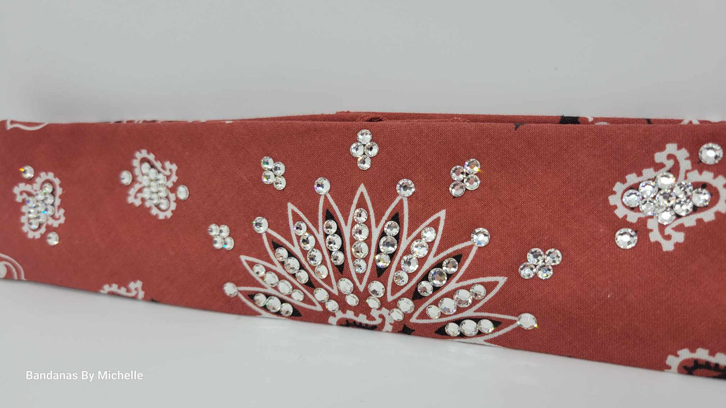 Narrow Terracotta Paisley Bandana with Diamond Clear Austrian Crystals (Sku2181)