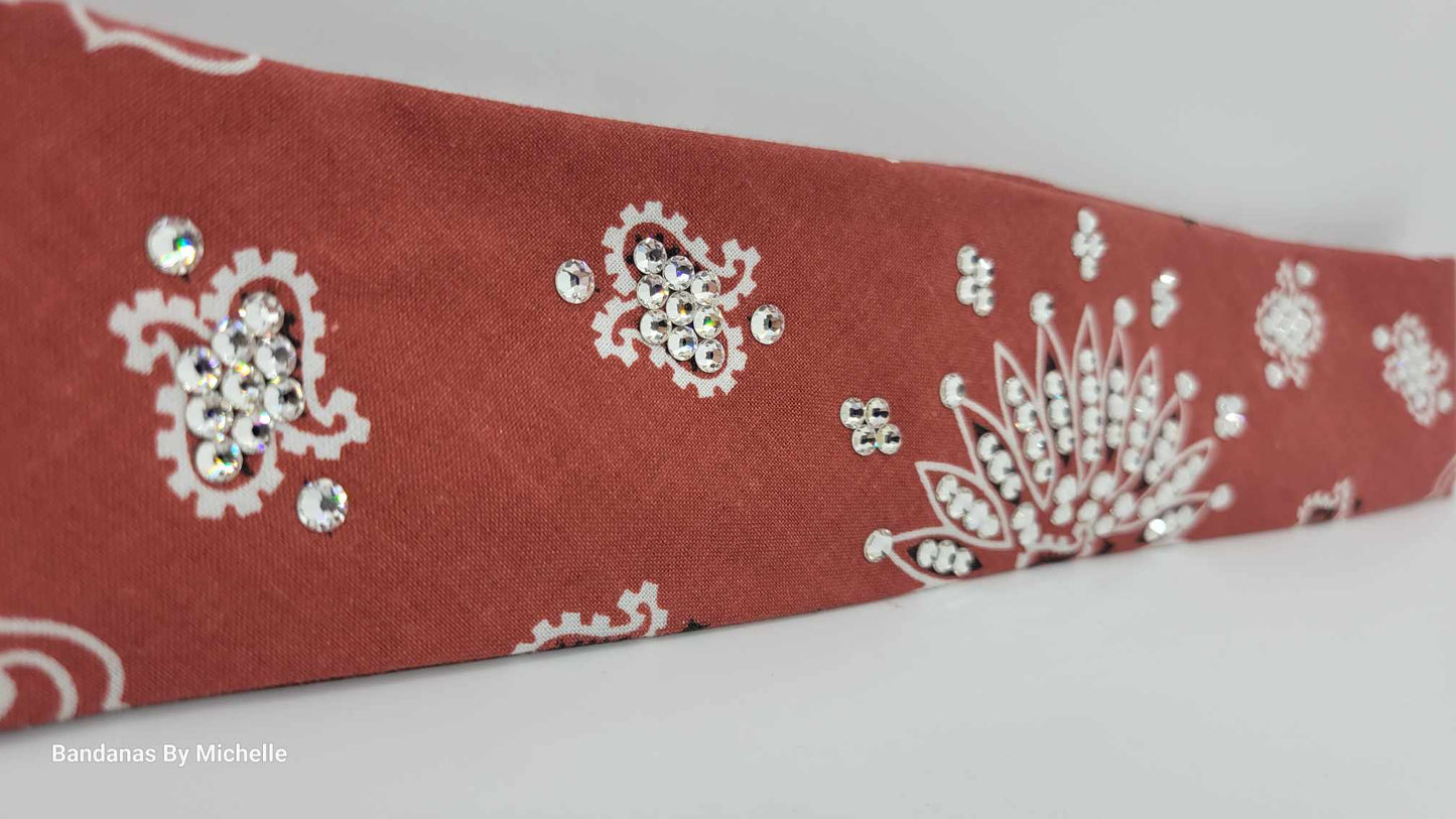 Narrow Terracotta Paisley Bandana with Diamond Clear Austrian Crystals (Sku2181)