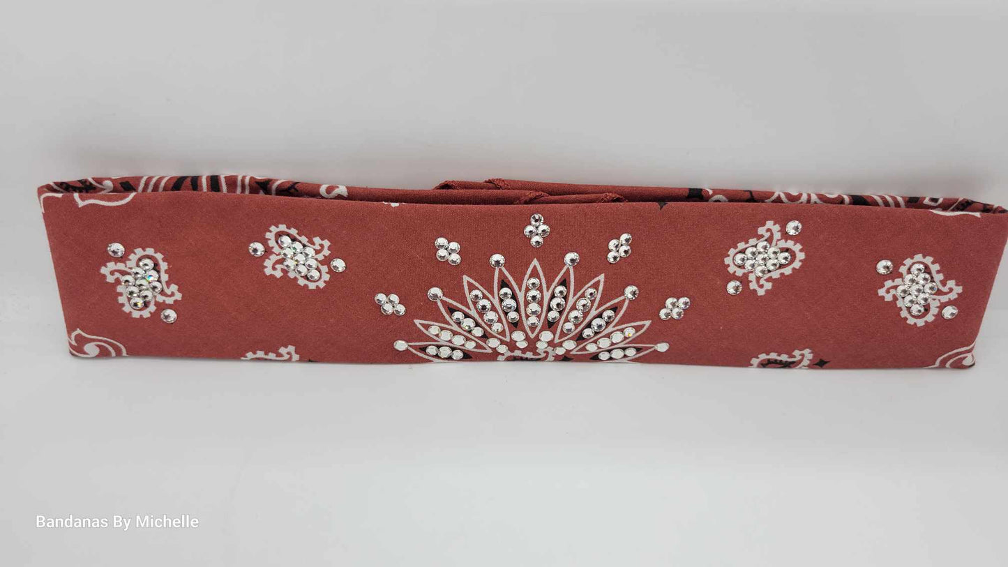 Narrow Terracotta Paisley Bandana with Diamond Clear Austrian Crystals (Sku2181)
