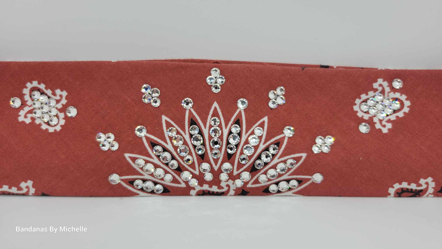 Narrow Terracotta Paisley Bandana with Diamond Clear Austrian Crystals (Sku2181)