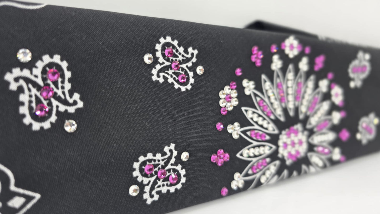 EXTRA BLING - Black Paisley Bandana with Bright Pink and Diamond Clear Austrian Crystals (sku6398)