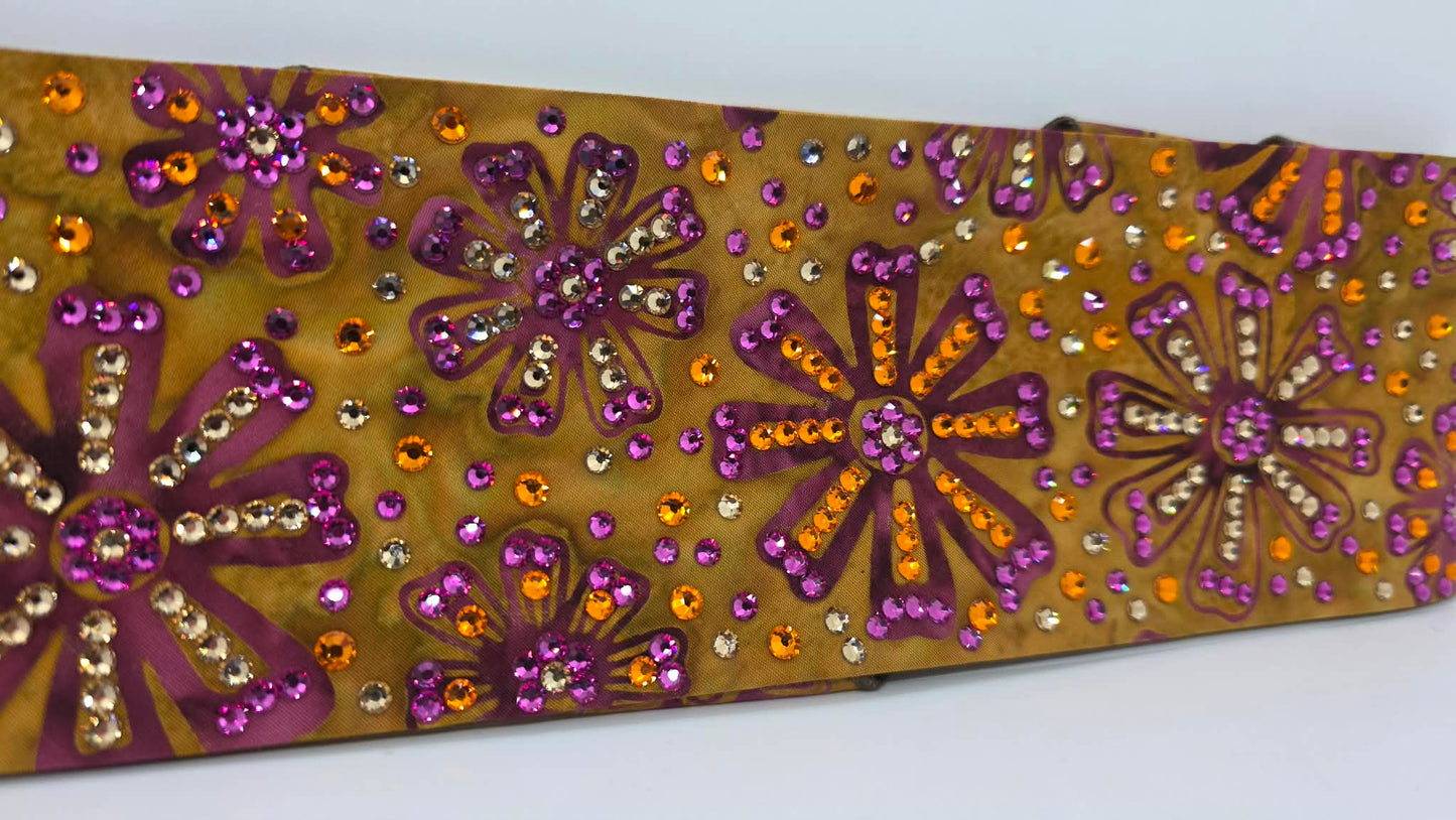 Super LeeAnnette Purple Flowers on Brown Batik Bandana with Golden Brown, Fuchsia and Orange Austrian Crystals (S48129)
