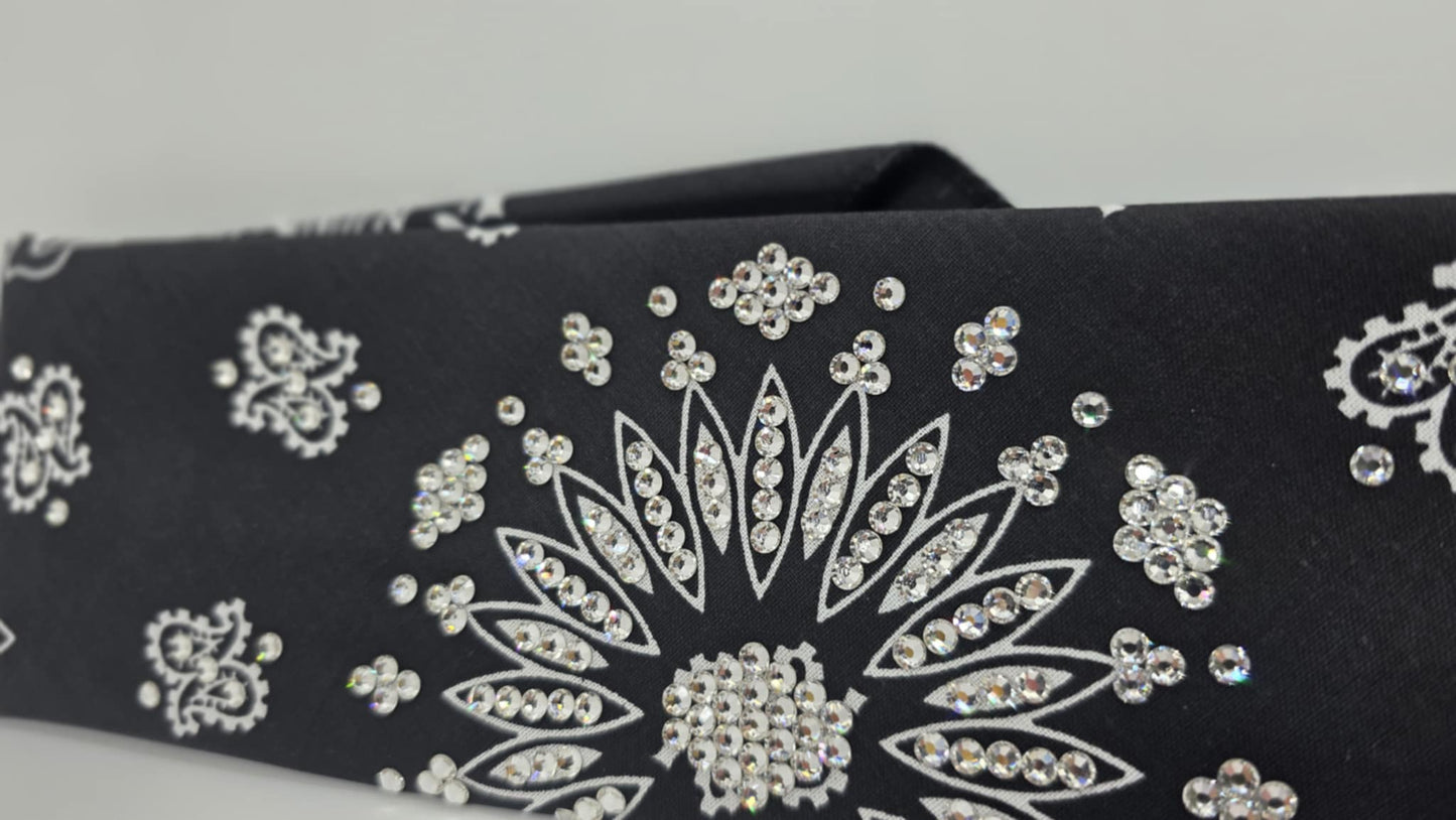 EXTRA BLING - Black Paisley Bandana with Diamond Clear Austrian Crystals (sku6397)