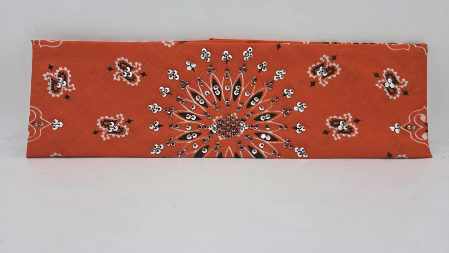 EXTRA BLING - Orange Paisley Bandana with Lava and Chrome Austrian Crystals (sku6391)