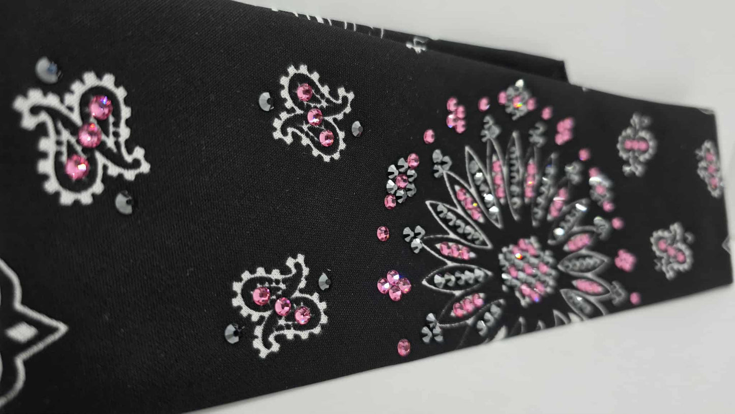EXTRA BLING - Black Paisley Bandana with Black and Rose Austrian Crystals (sku6405)