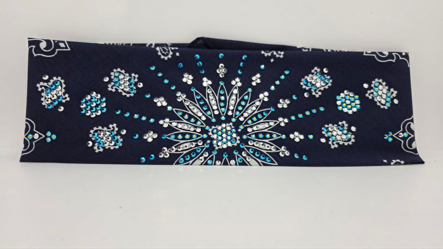 LeeAnnette Navy Blue Paisley Bandana with Jet Shimmer and Chrome Austrian Crystals (L40250)