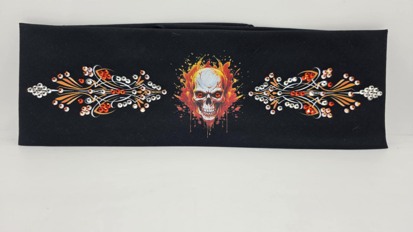 EXTRA BLING - Orange Skull and Pinstripes Bandana with Orange, Orange Shimmer and Diamond Clear Austrian Crystals (sku6379)