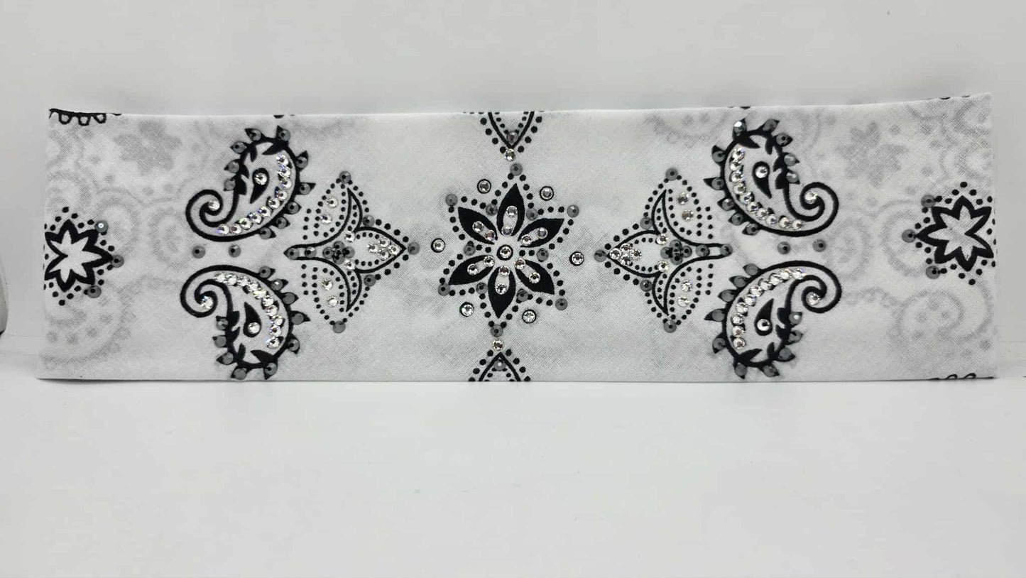 EXTRA BLING - Large White Flower Bandana with Black and Diamond Clear Austrian Crystals (sku6402)