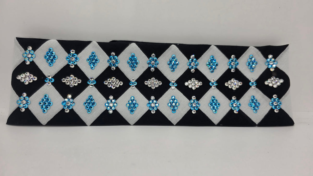 LeeAnnette Black and White Checker Bandana with Capri Blue Shimmer and Diamond Clear Austrian Crystals (L40278)