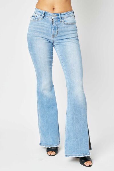 Rally Judy Blue Full Size Mid Rise Raw Hem Slit Flare Jeans