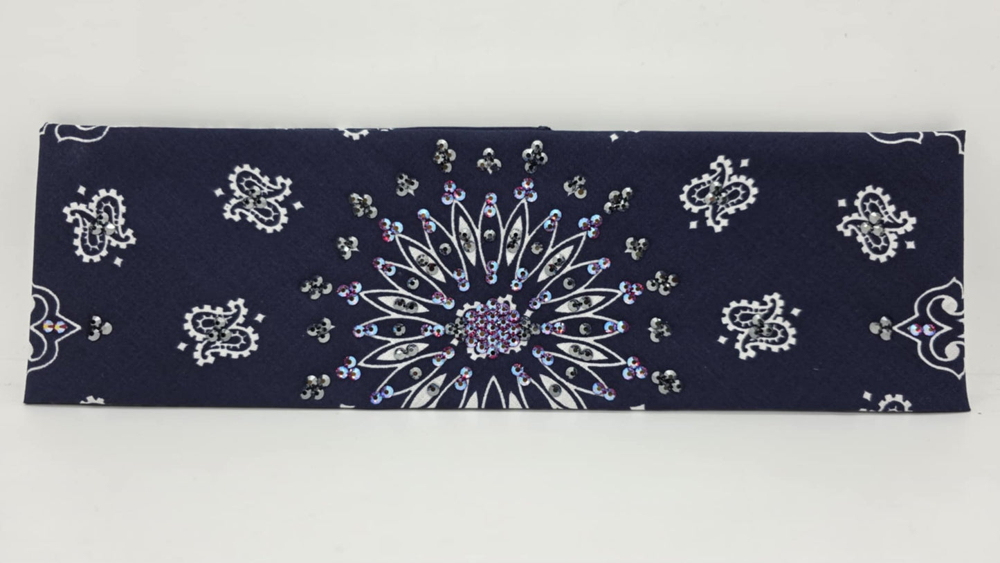 EXTRA BLING - Navy Paisley Bandana with Red Shimmer and Black Austrian Crystals (sku6394)