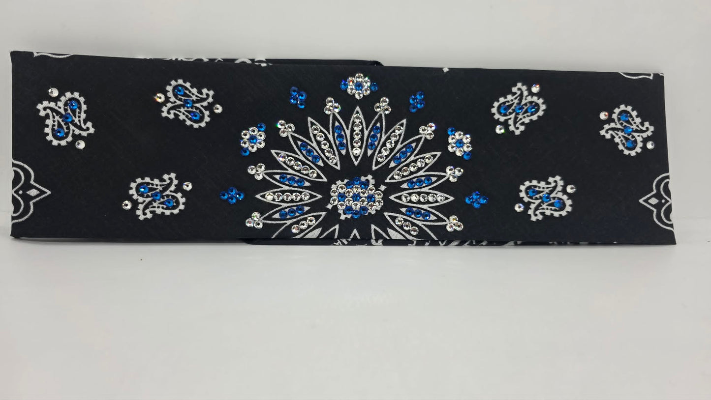 Black Paisley Bandana with Capri Blue and Diamond Clear Austrian Crystals (E60142)