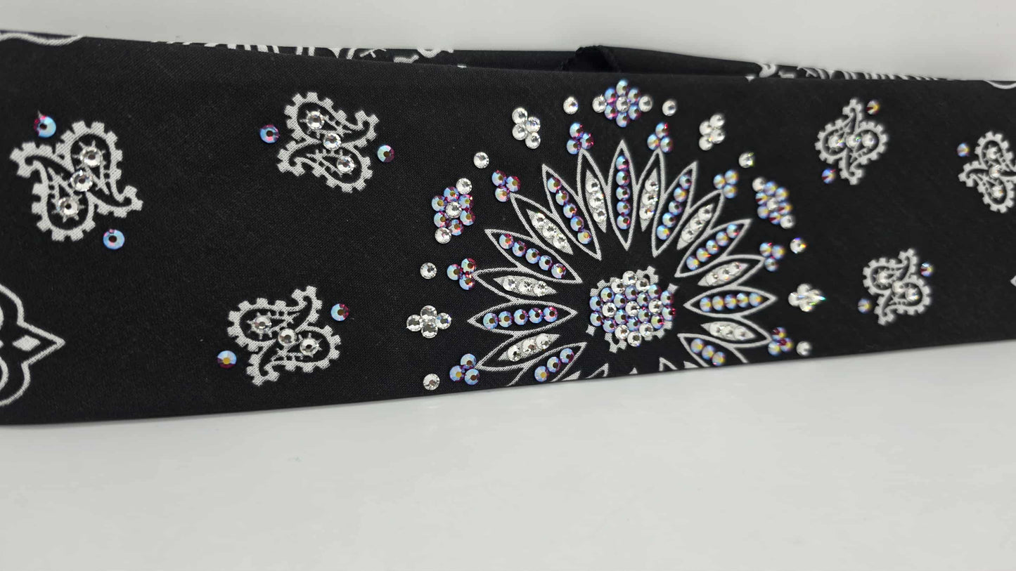 EXTRA BLING - Black Paisley Bandana with Red Shimmer and Diamond Clear Austrian Crystals (sku6424)