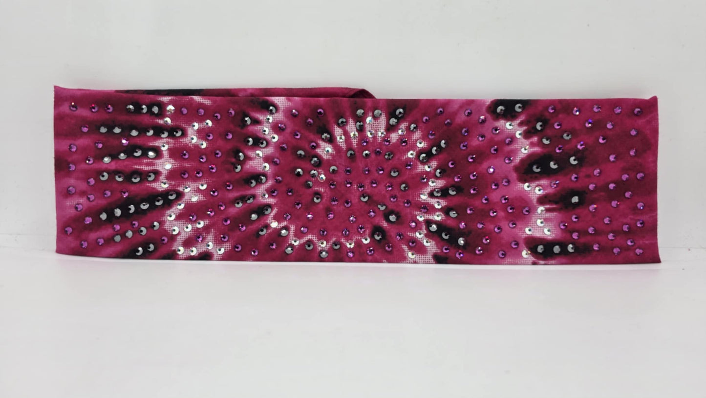 LeeAnnette Pink Tie Dye Bandana with Fuchsia, Black and Aurora Borealis Austrian Crystals (sku40089)