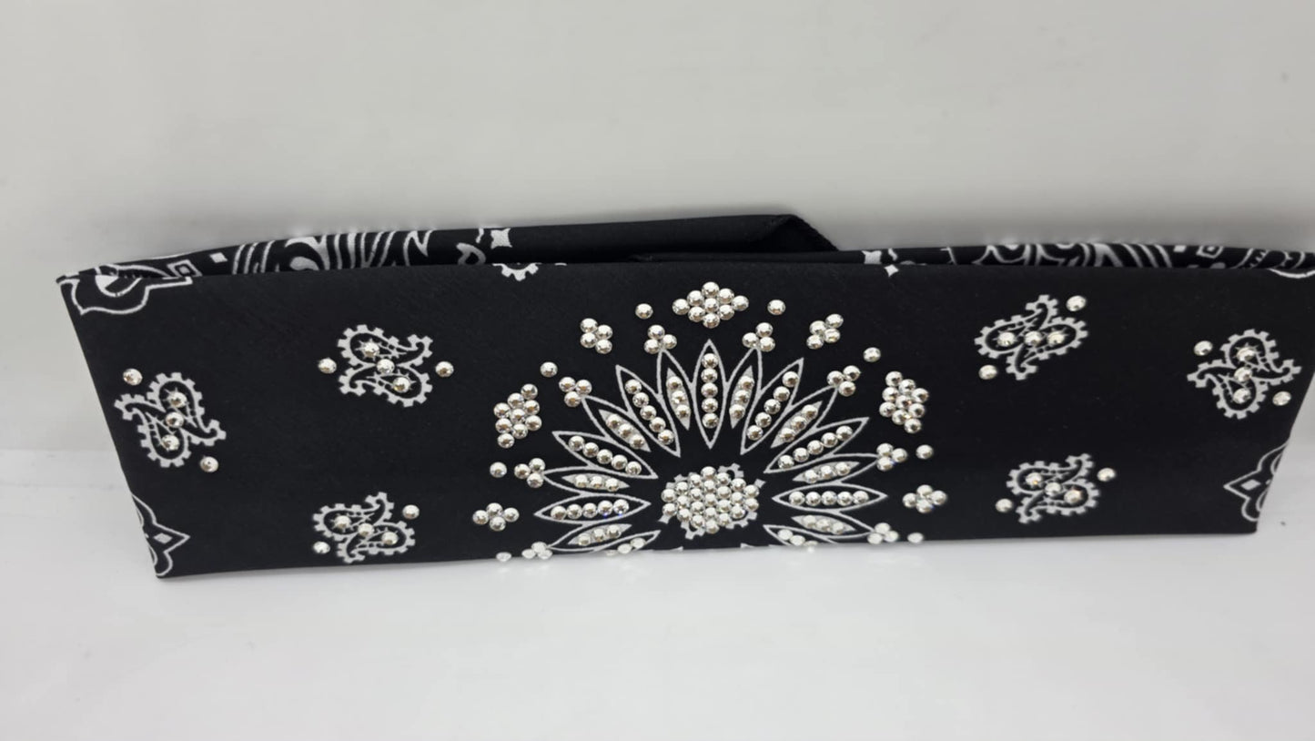 EXTRA BLING - Black Paisley Bandana with Diamond Clear Austrian Crystals (sku6397)