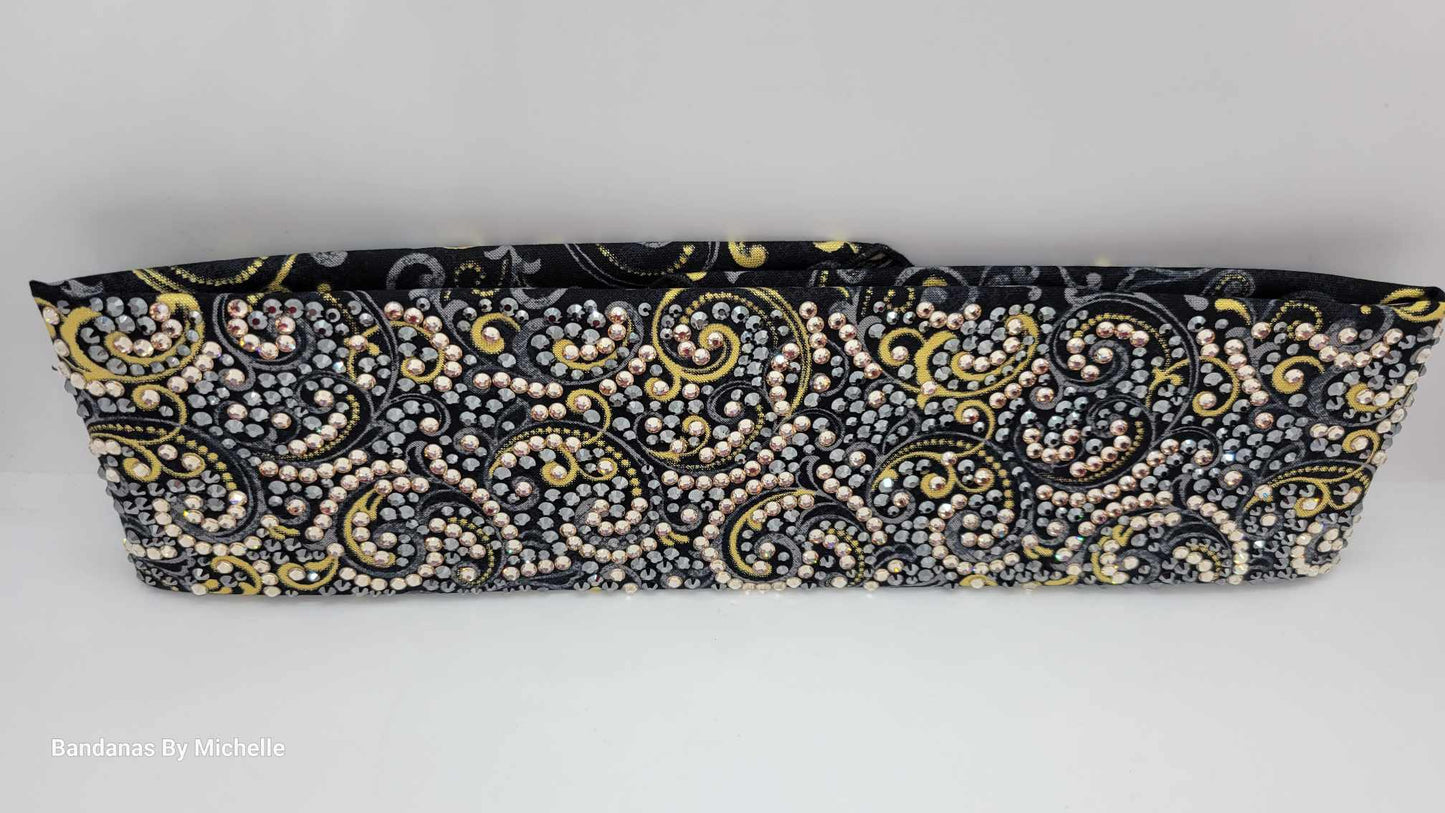 Super Duper LeeAnnette Gold and Grey Scrolls on Black Bandana with Honey and Black Austrian Crystals (Sku40002)