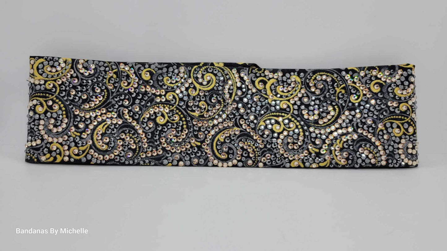 Super Duper LeeAnnette Gold and Grey Scrolls on Black Bandana with Honey and Black Austrian Crystals (Sku40002)